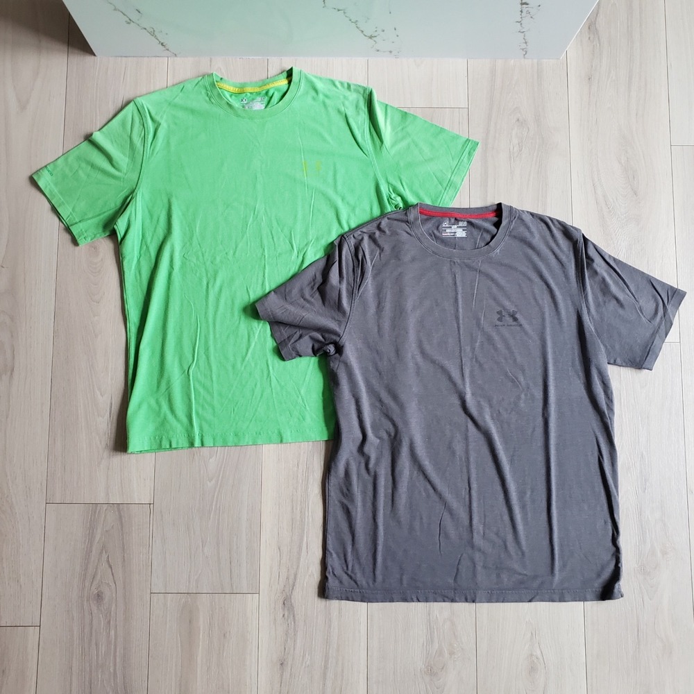 Under Armour Shirt Bundle Mens Large Green Gray HeatGear Loose Fit Active 2 Tops